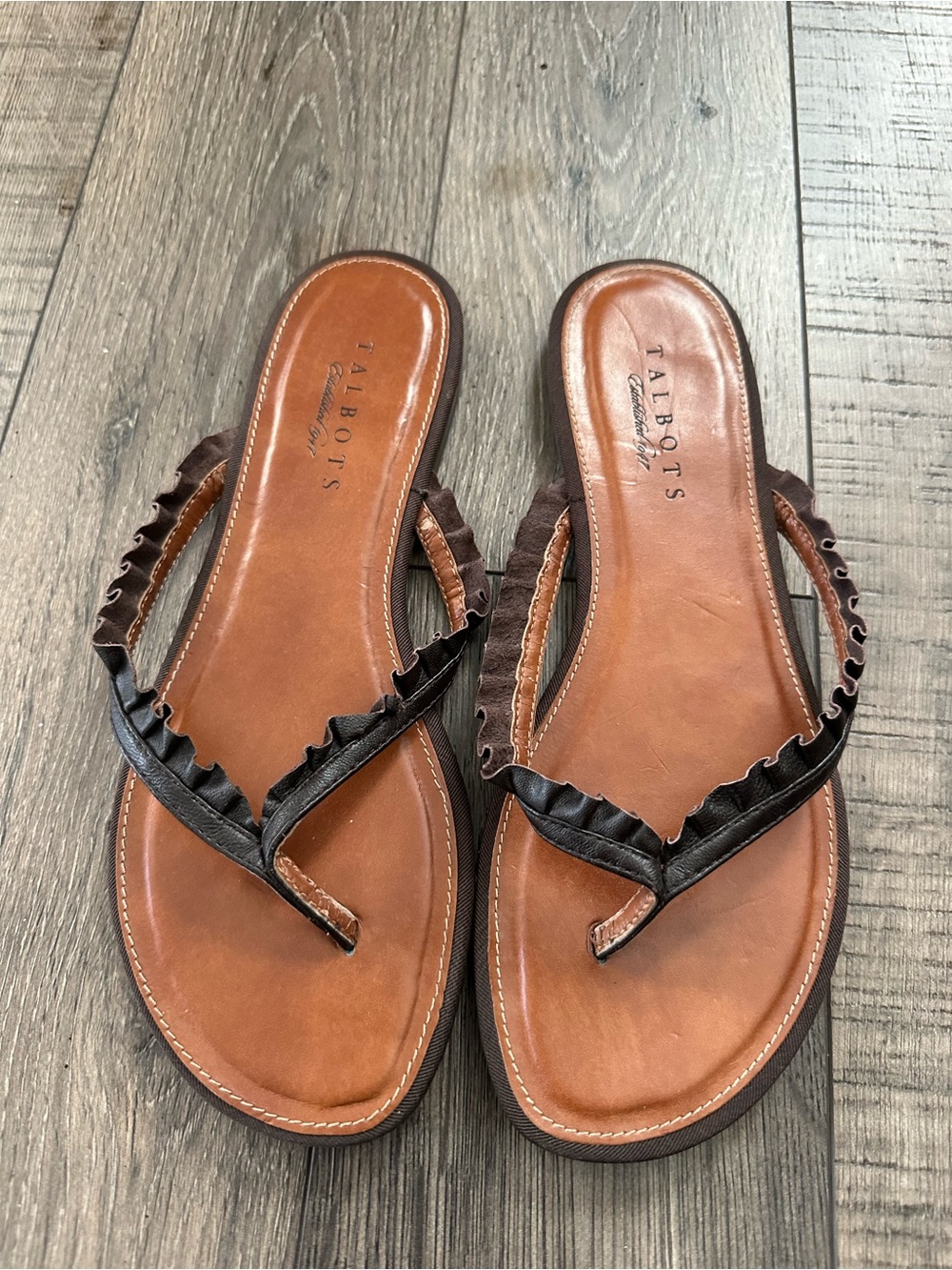 Talbots Leather Flip-flop Sandals With Ruffle Top Women’s 8 Brown
